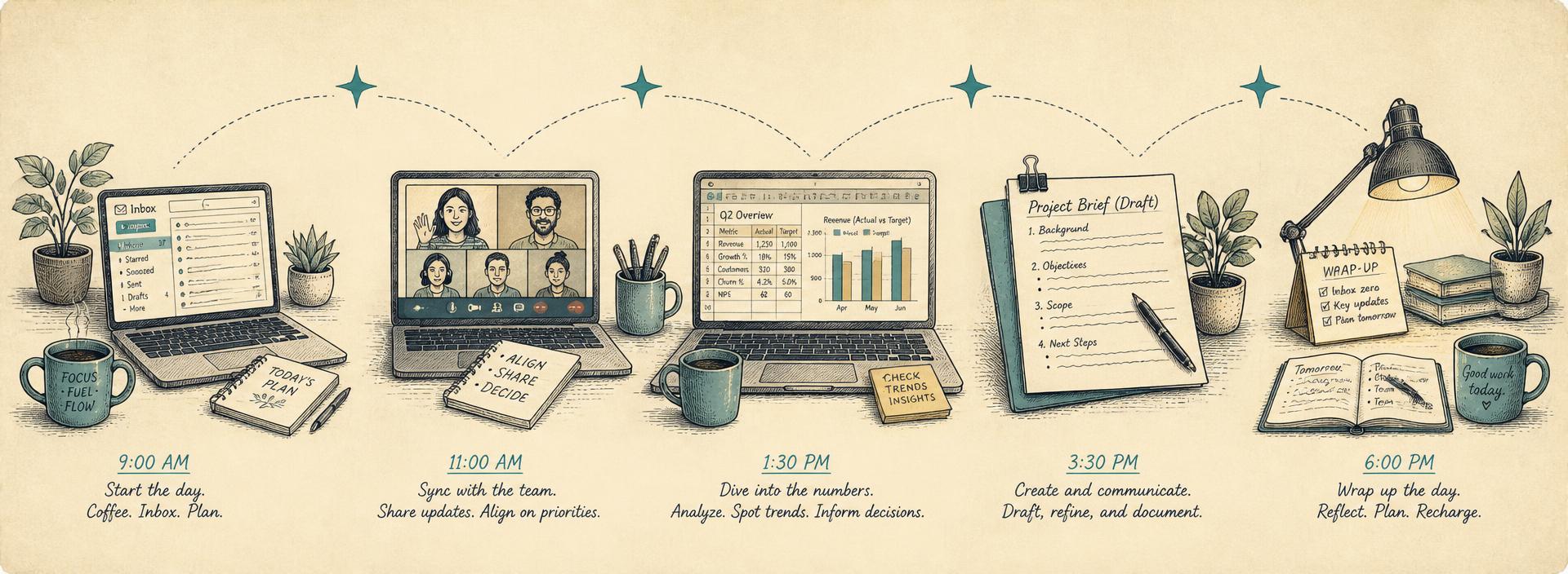 Illustrated timeline of a workday: morning email, a Teams call, a spreadsheet review, drafting a document, and an evening wrap-up.